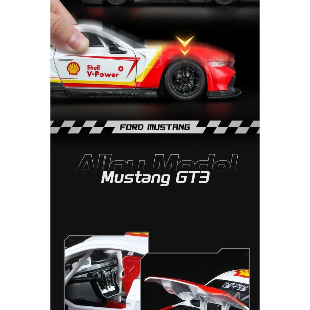 1/24 Ford Mustang GT3 Co-brand Version Alloy Sports Car Model Metal Track Racing Car Vehicle Model Sound and Light Kids Toy Gift