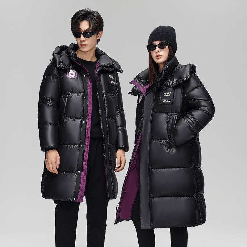 2024 Unisex Extra Long Hooded Black Cotton Jacket - Color Block Thickened Winter Coat