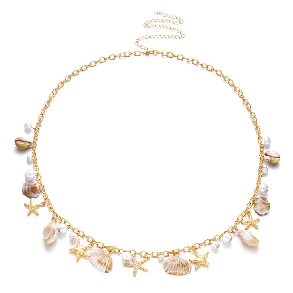European Bohemian Starfish & Shell Conch Waist Chain with Faux Pearls