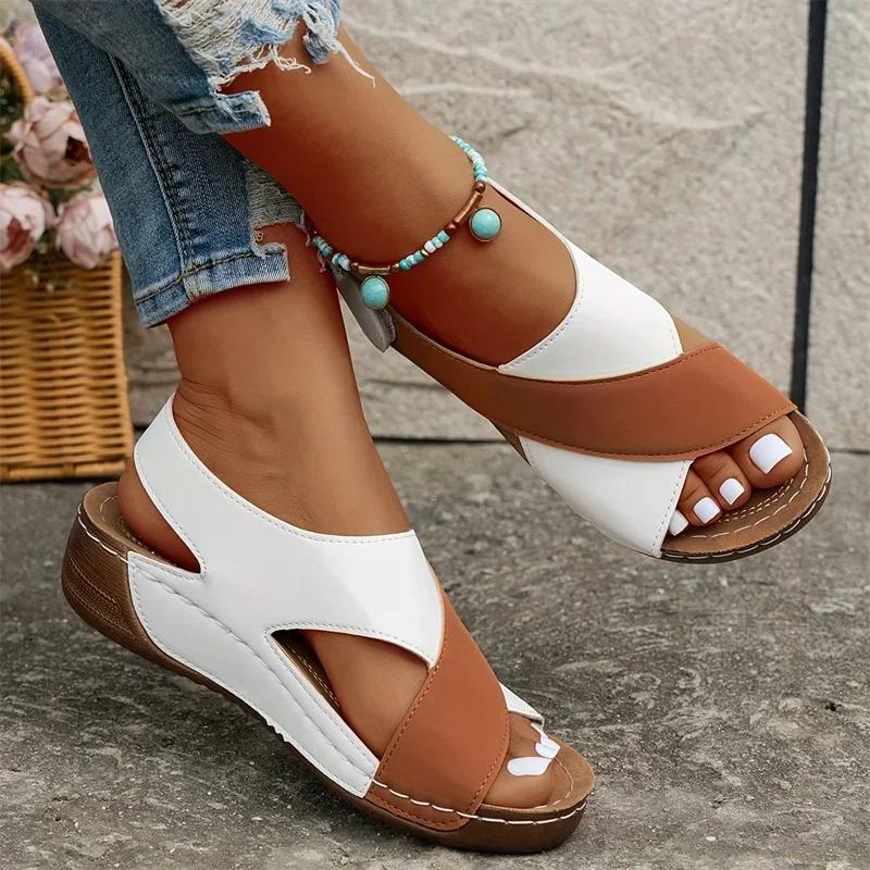 Fashion Women Wedge Sandals 2025 New Comfortable Non Slip Beach Shoes Woman Mix Color Leather Platform Roman Sandals Zapatos De Mujer