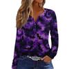 Women's Casual Long Sleeve V-Neck Halloween Print T-Shirt with Decorative Buttons
