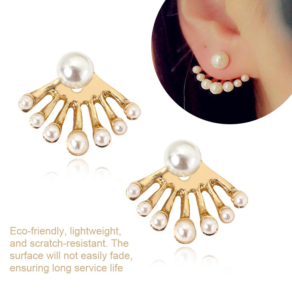 1 Pair Woman''s Pearl Earrings Front Back Crystal Ear Studs Girls Party Work