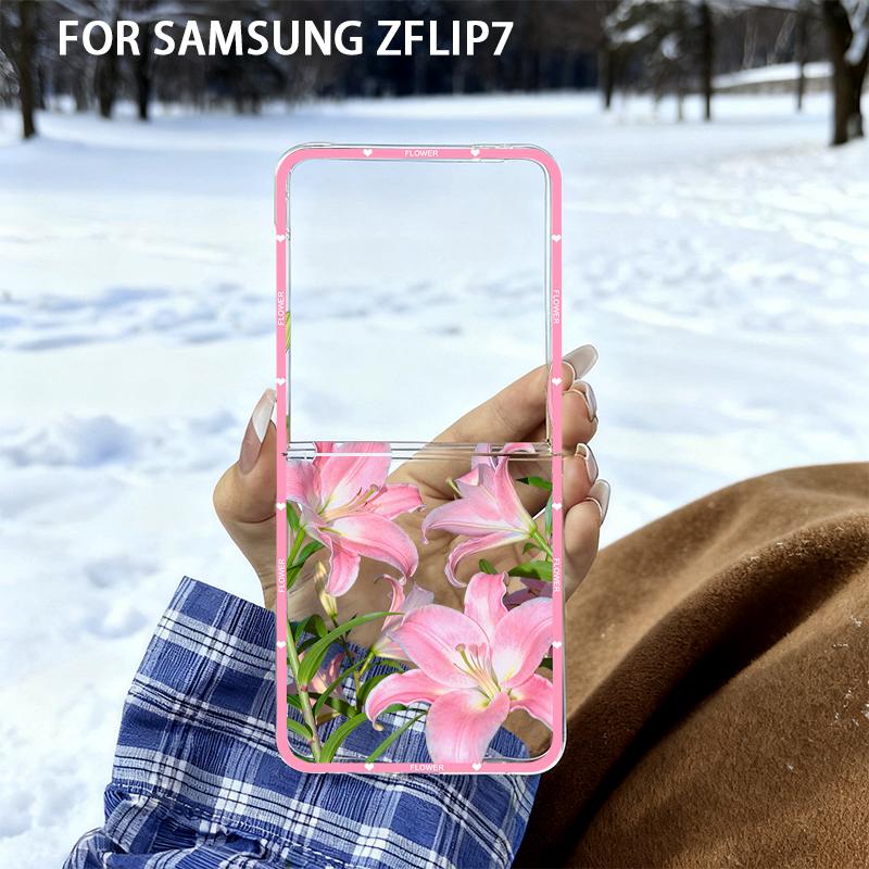 

For Samsung Z Flip7 Cute Pink Lily Simplicity Phone Case for Samsung Galaxy Z Flip 7 ZFlip7 Cartoon Cute Transparent PC Cover Galaxy Z Flip7
