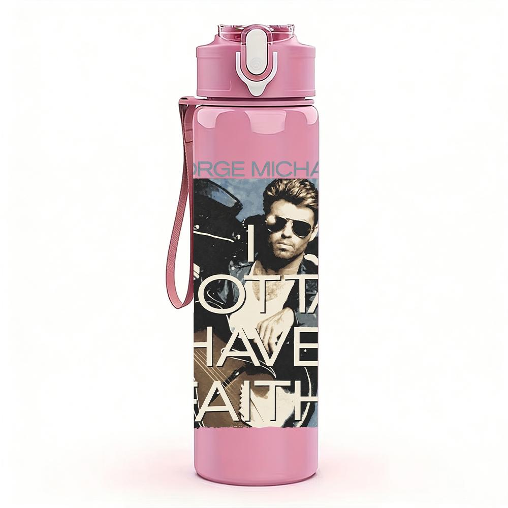 1PC Male Singer Band Vintage Portrait Print 750ml Colorful Plastic Sports Water Bottle Leakproof Pop Up Lid with Straw for Outdoor Work Home Use