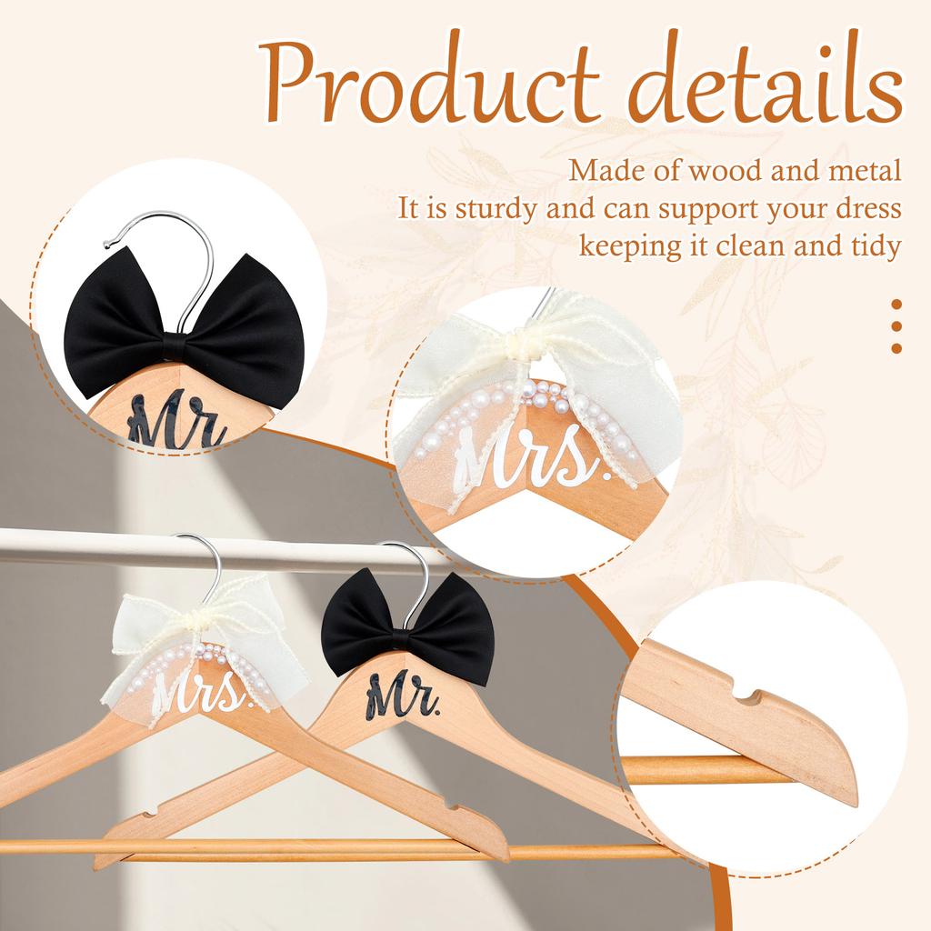 4Pcs clothes hangers Dress Hanger with Bow Pearl Bride Groom Gown Dress Tuxedo Suit  Anti Slip WoodenHanger Wedding Supplies