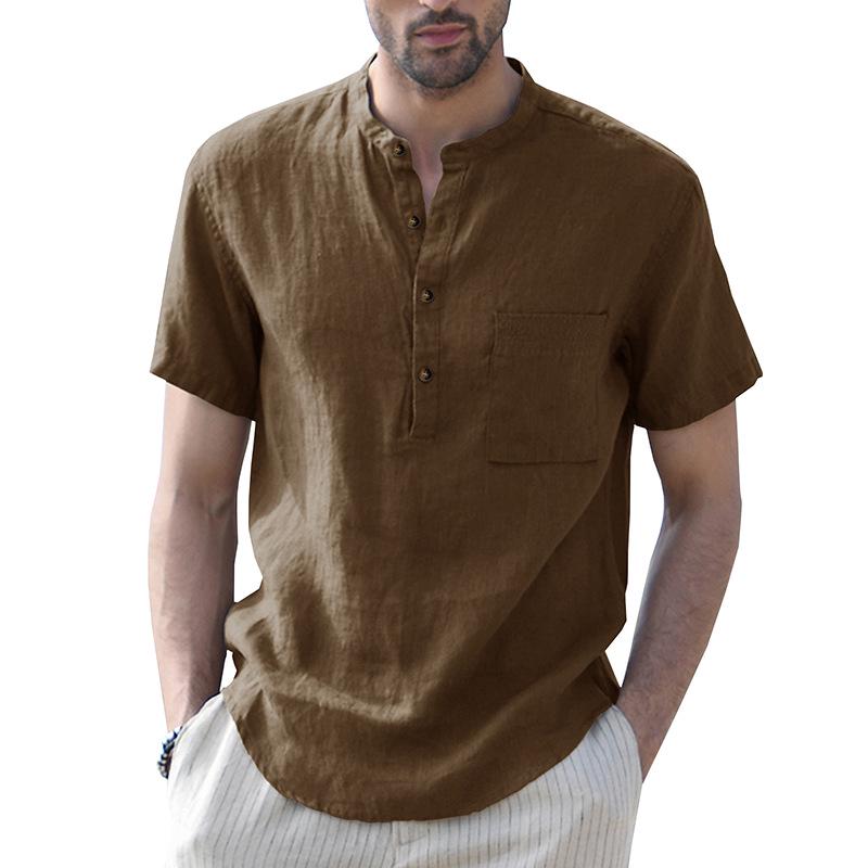 Men's Summer Cotton Linen Casual Pullover Short-Sleeve Shirt