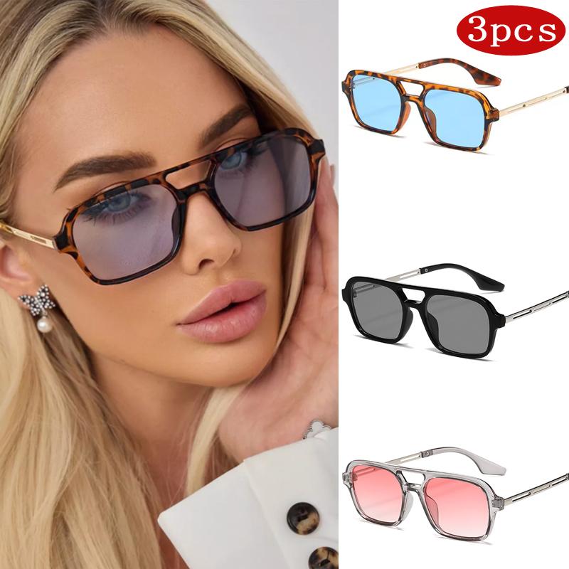 3pcs Vintage Double Bridges Sunglasses Women Pink Gradient Hollow Leopard Blue Square Sun Glasses Fashion Trendy Eyewear