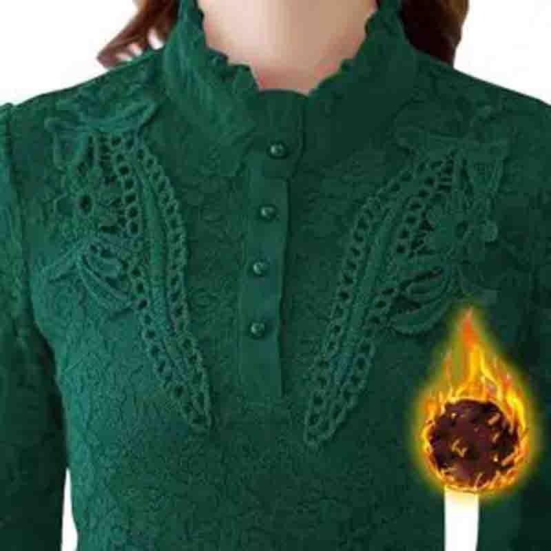 Camisa de encaje de otoño e invierno Camisa superior ajustada Camisa de mujer de talla grande con relleno de terciopelo y calidez