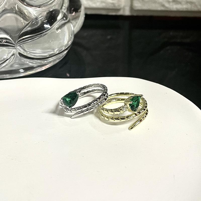 High-End Serpentine Open Ring, Spirit Snake Green Zircon Niche Design Wrapping Ring, Simple And Fashionable Woman