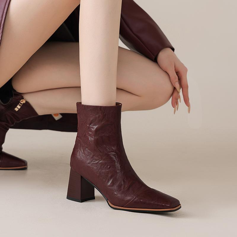 Fashion 2025 Autumn New Genuine Leather Women Ankle Boots Black Burgundy High Chunky Heel Square Toe Shoes Fashion Ladies Ankle Boots