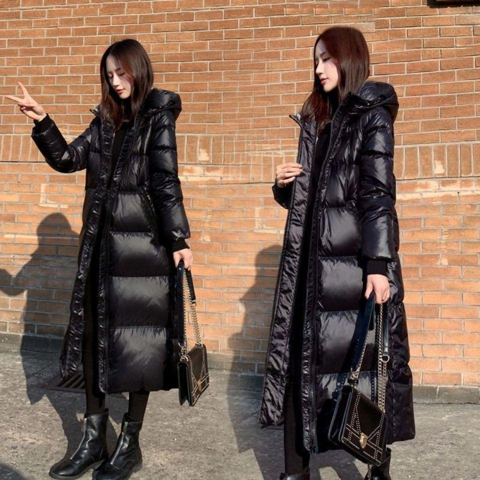 Korean Style Long Black Shiny Down Cotton Coat - Over-the-Knee, Slim Fit, Thickened for Winter