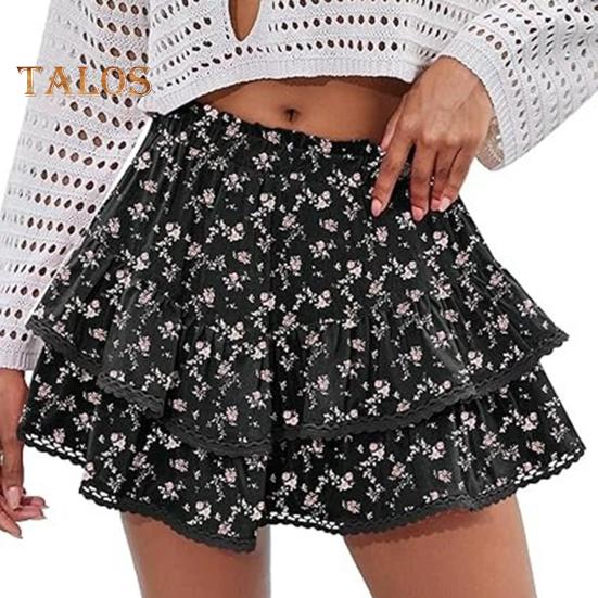 Women Cake Skirt High Waisted Double-Layered Ruffle Bohemian Mini Skirt with Elastic Waistband Lace Hem Skirt
