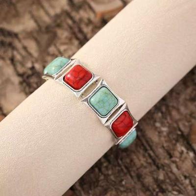 Vintage Bohemian Green Stone Bracelet Women's Ethnic Style Bracelet Personalized Geometric Square Jewelry