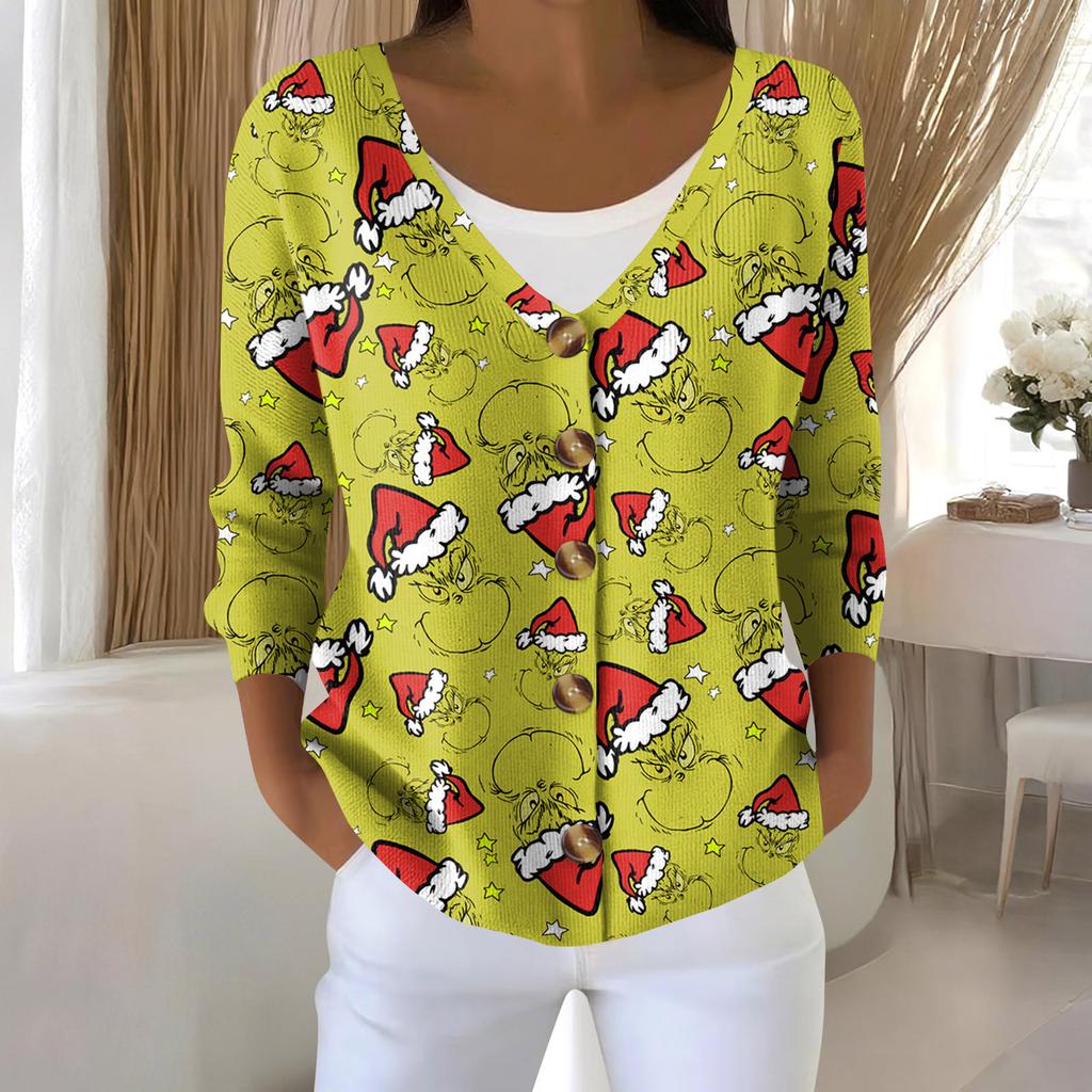 Women's Fashion Long Sleeve Christmas Snowman Snowflake Print Jacket Cardigan