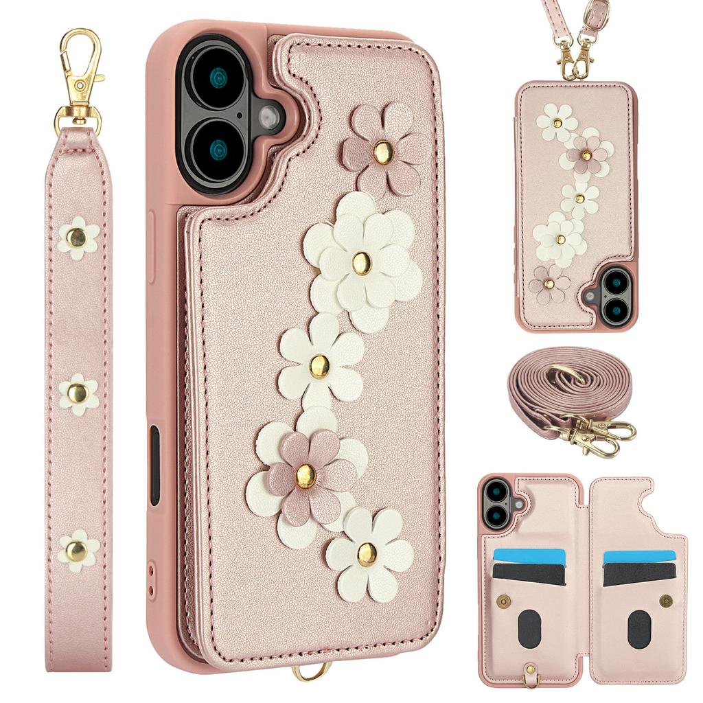 For iPhone 17 Case Card Slots Leather Coated TPU Flower Phone Cover with 2 Straps