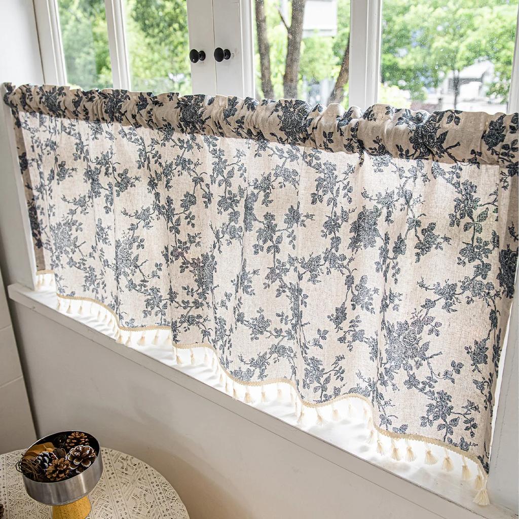 American European Vintage Peony Floral Curtains For Living Room Bedroom Window Linen Curtain Short Cabinet Curtain for Kitchen