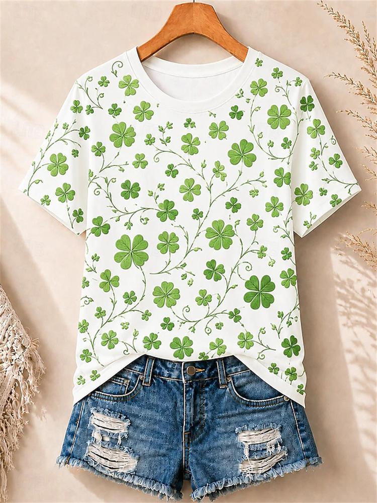 Women's Simple and Versatile Casual Short-Sleeve Floral Print Round-Neck Elegant T-Shirt Stylish Loose-Fitting Women's Top