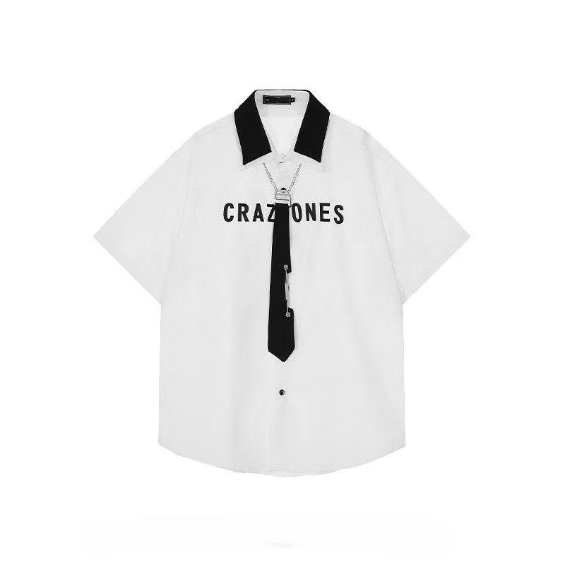 Color Blocked Lapel Tie Women's Short Sleeved Shirt American Vintage College Style Ladies Blouses Loose Casual Tops