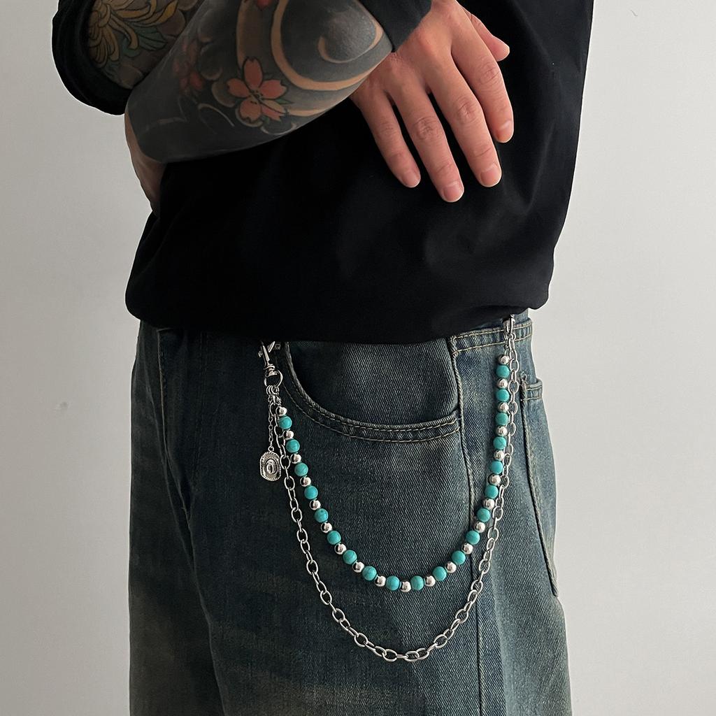 Fashion Turquoise Beaded Waist Chain for Men, Simple and High-End Denim Style Pendant, Hot-Selling Waist Chain