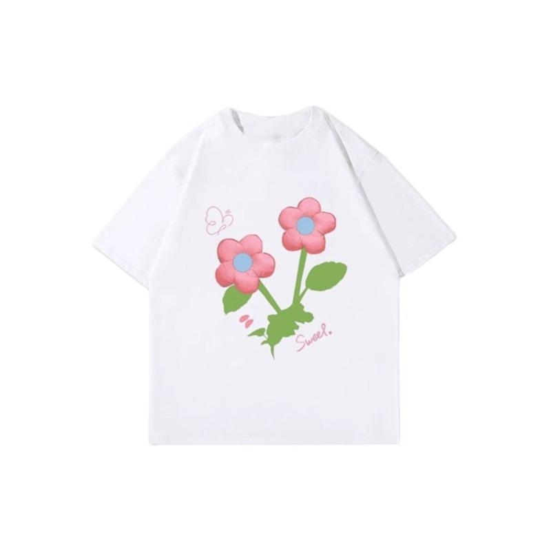 

Женские топы с короткими рукавами и цветочным принтом, летние повседневные футболки с круглым вырезом, корейский ленивый стиль, модная женская одежда XXL белый
