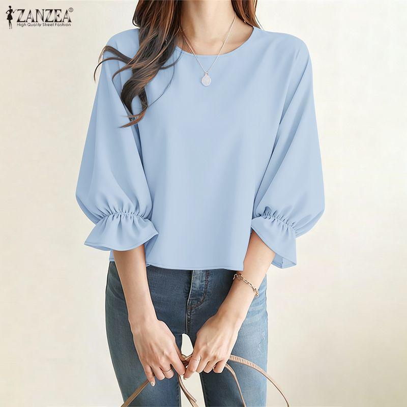 ZANZEA Women Casual Round Neck Solid Color 3/4 Sleeve Loose Blouse