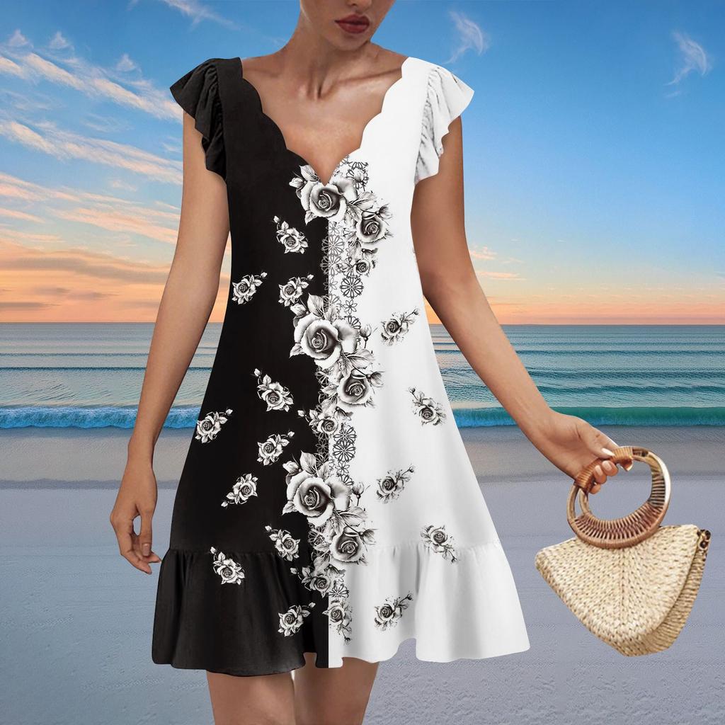 Damenmode Lässig V-Ausschnitt Wellenkante Blumendruck Kurzarmkleid