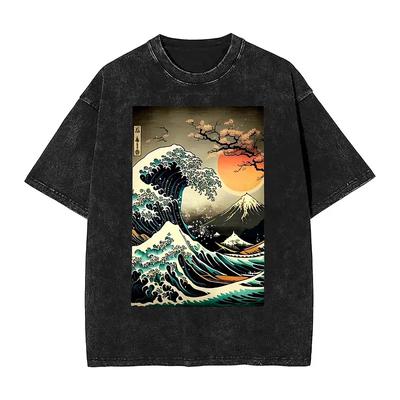 The Great Wave Fuji Mountain Washed T-Shirt Men Japanese Landscape Vintage Simple T-Shirts O-Neck Tees Oversized Clothing