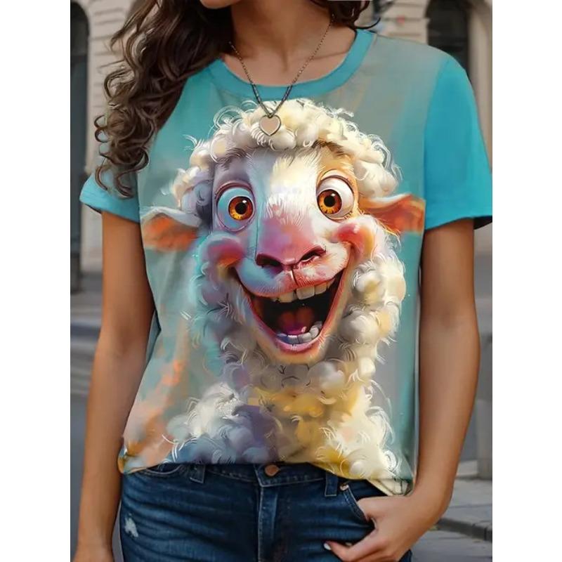 Sommer Rund Hals 3D Dyreprint Topp Moteable Casual Kortarmet Dame T-skjorter