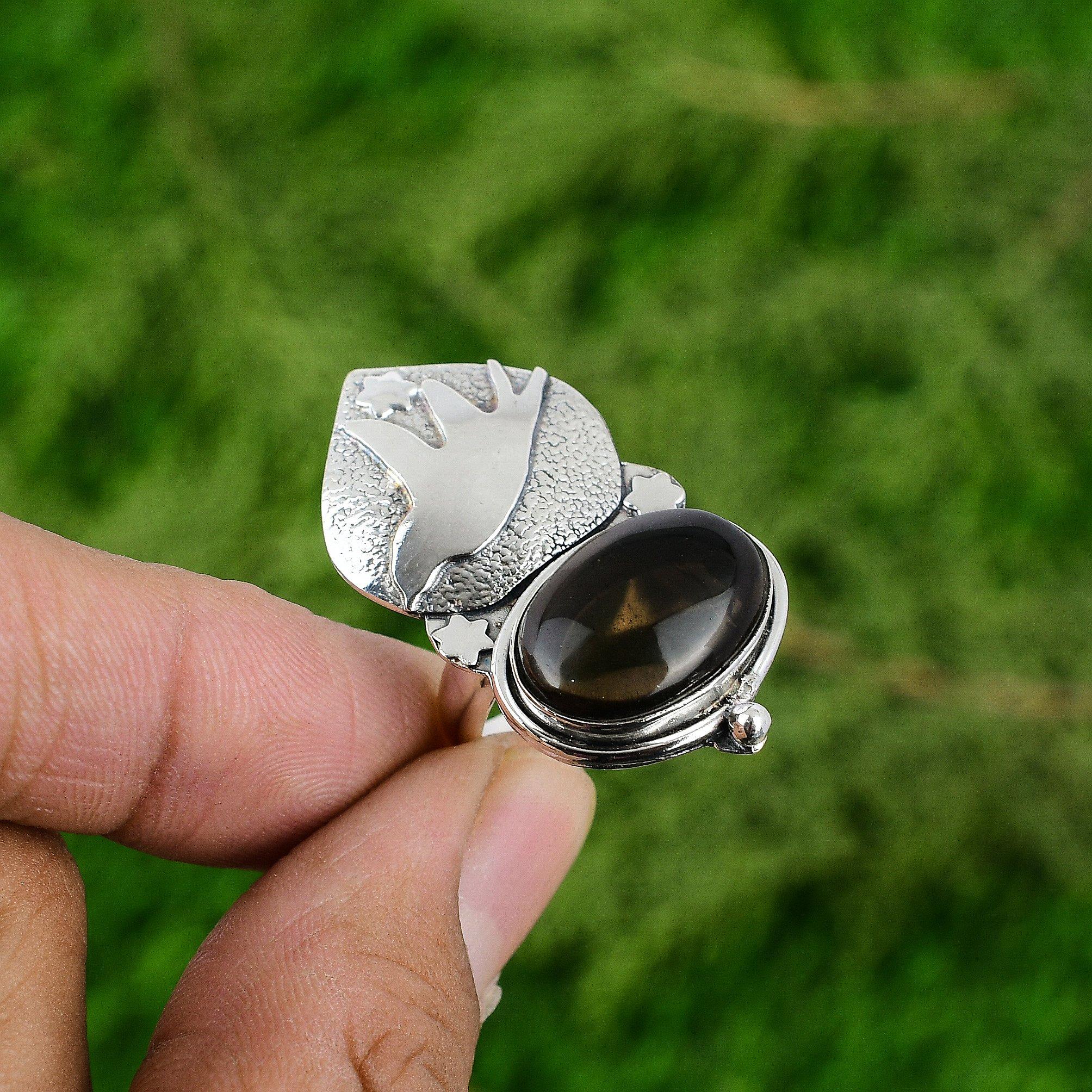 

Natural Smoky Quartz Gemstone Solitaire Bird Brown Adjustable Ring 925 Silver Adjustable