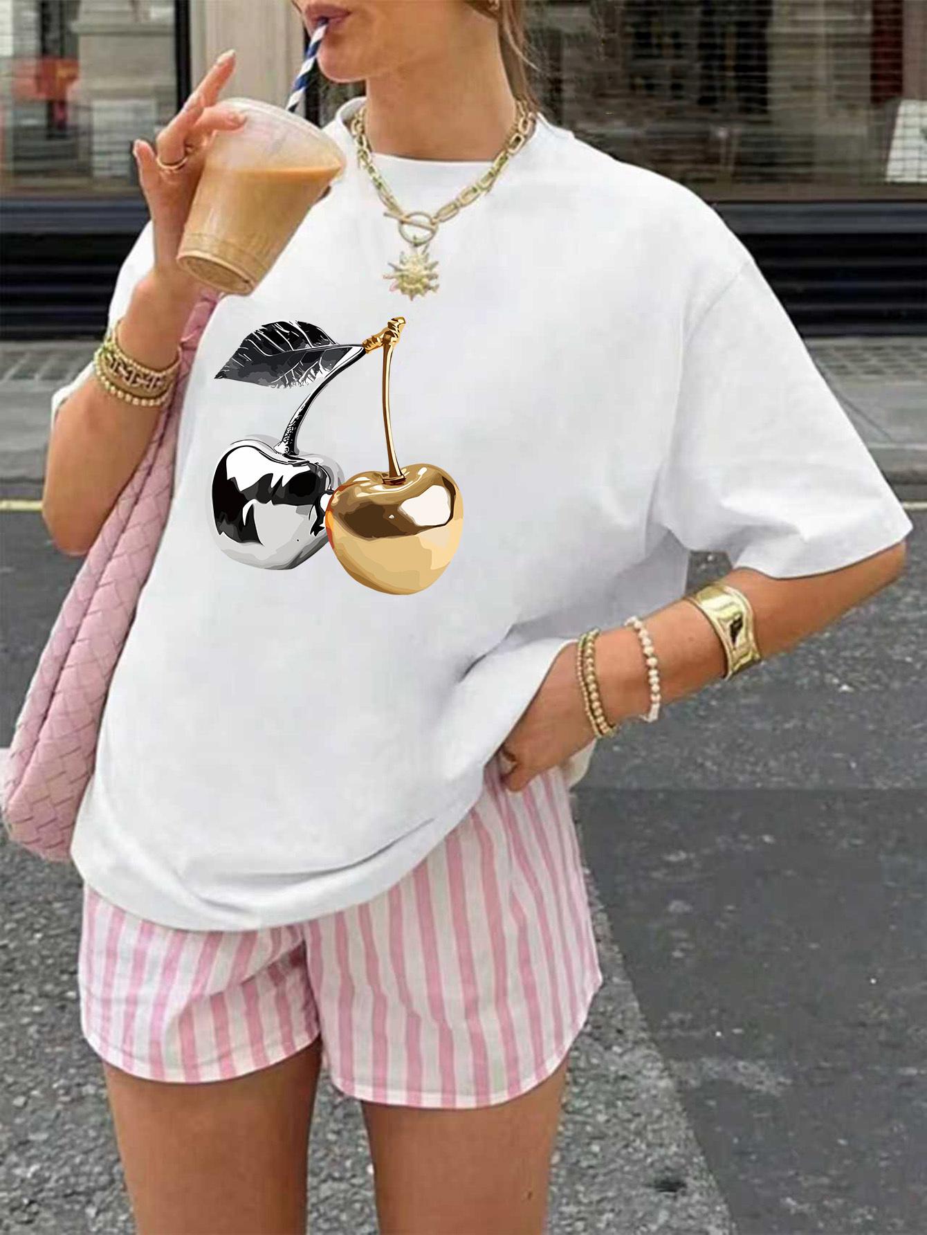 

Ladies Casual Sleeved RoundNeck Golden and Silver Cherry Pattern Print White Regular Style Harajuku Sleeve Aesthetic Clothes S