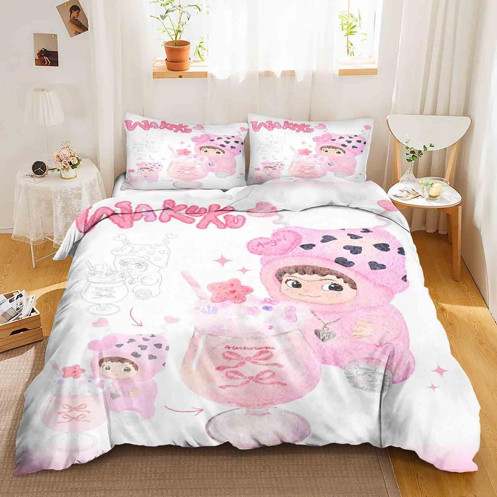 Wakuku 3D Children'S Couple Bed  Bedding Set Cute Printed Cartoon Quilt Cover  Polyester Duvet Set Twin King Size