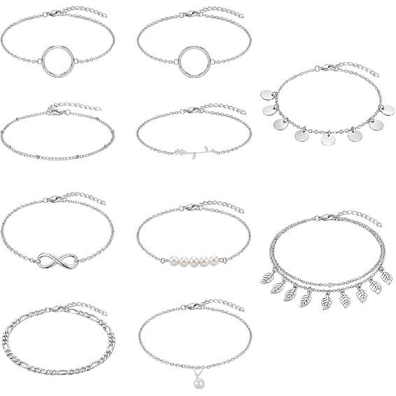 12pcs Gold/Silver Ankle Bracelets for Women Layered Waterproof 14k Cuban Link Chain Anklets Set Adjustable Dainty Summer Beach Gold Accessories Boho