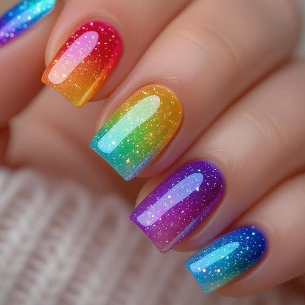24 Pcs Short Square Full Cover Gradient Shiny Powder False Nails Detachable Finished Press On Fake Nails