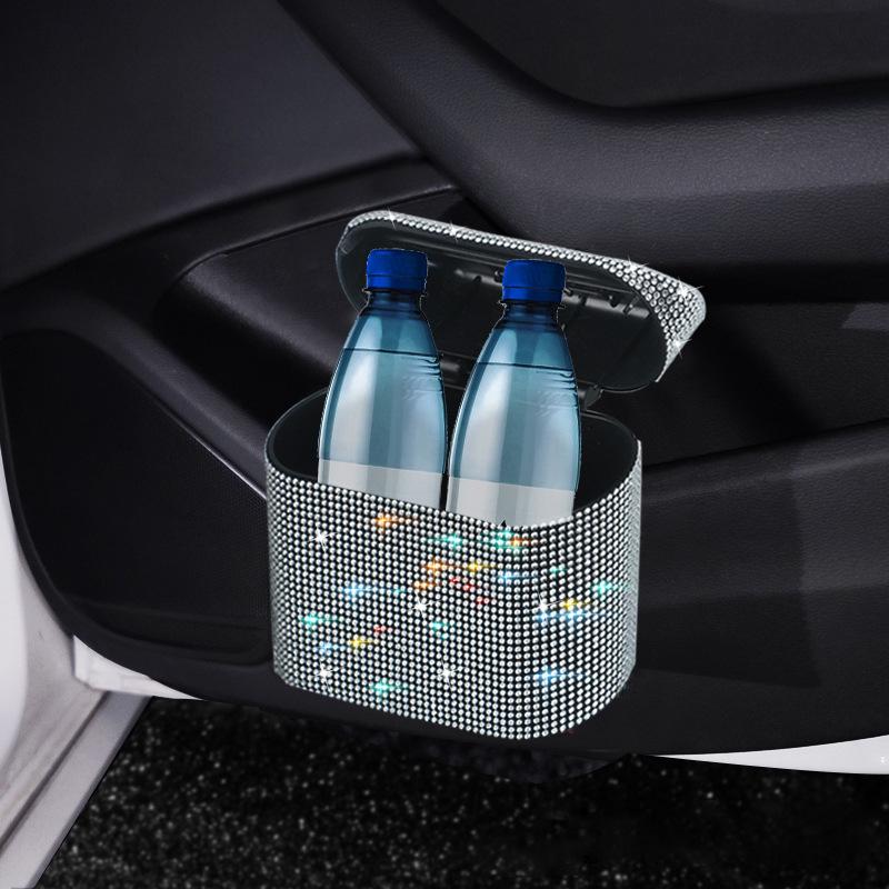 Rhinestone Car Trash Can - Flip-Top Hanging Interior Storage Bin