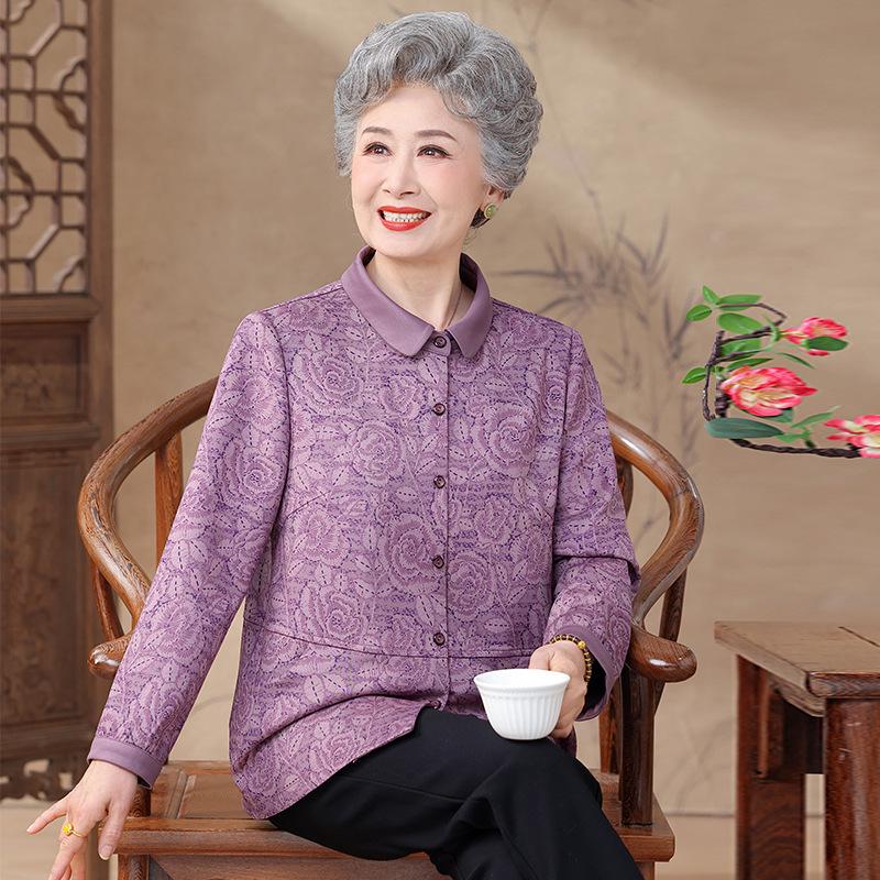 

Loose Long-Sleeve Shirt for Elderly Women - Spring/Fall Wear for 60s-70s Grandma, Mother-in-law, or Mom L (up to 100 lbs)