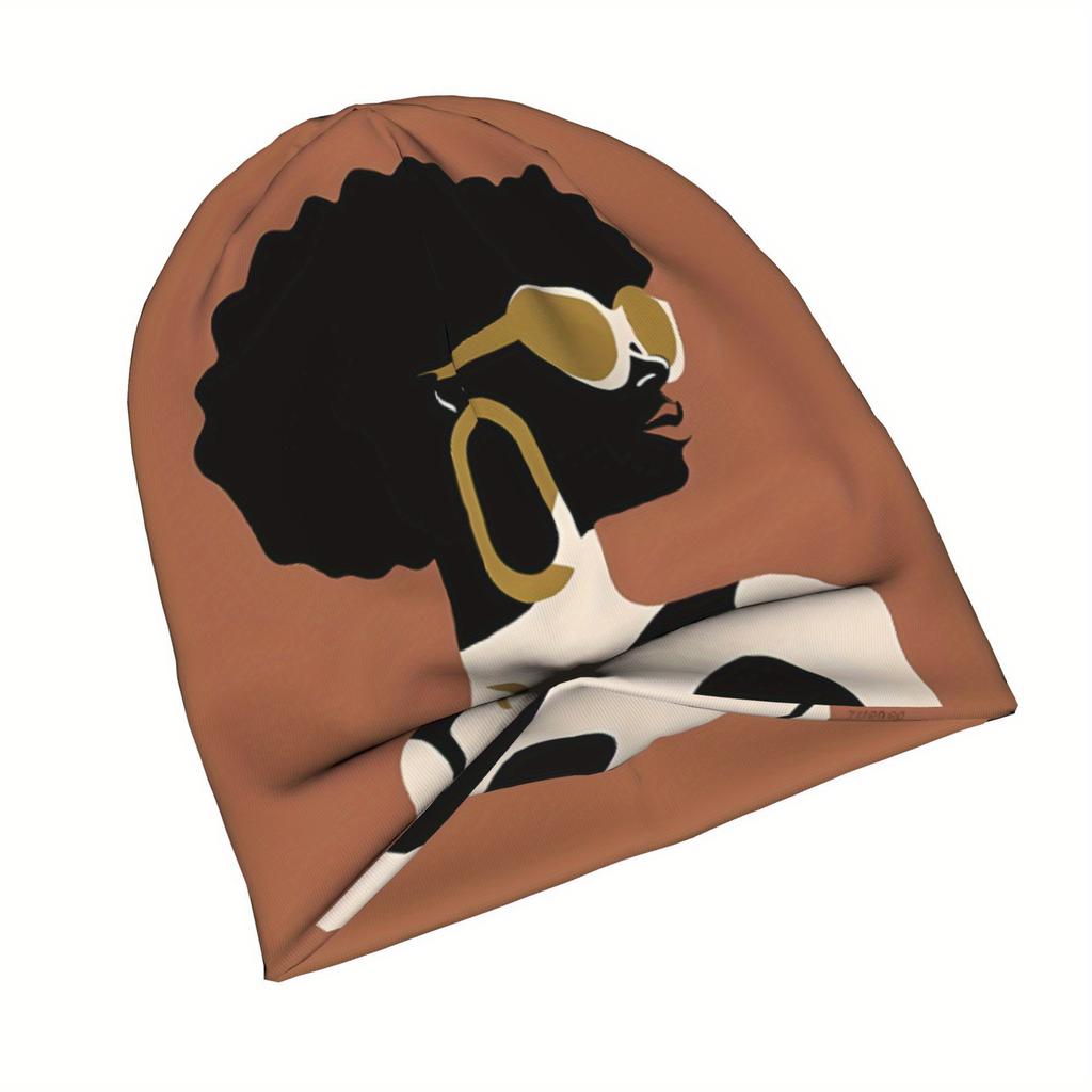 Biihudu African Woman Beanie Hat - Stretchy Snug Fit Winter Skull Cap, Brown/Black/ Cultural Afro Hairstyle Design For Women - F