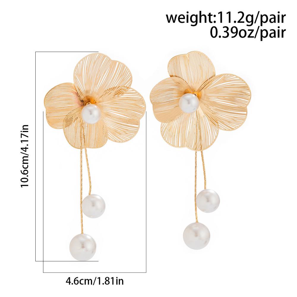 Romantic Flower Petal Long Tassel Drop Earrings For Women 2024 Trend Imitation Pearl Hanging Piercing Earrings Wed Jewelry Gift