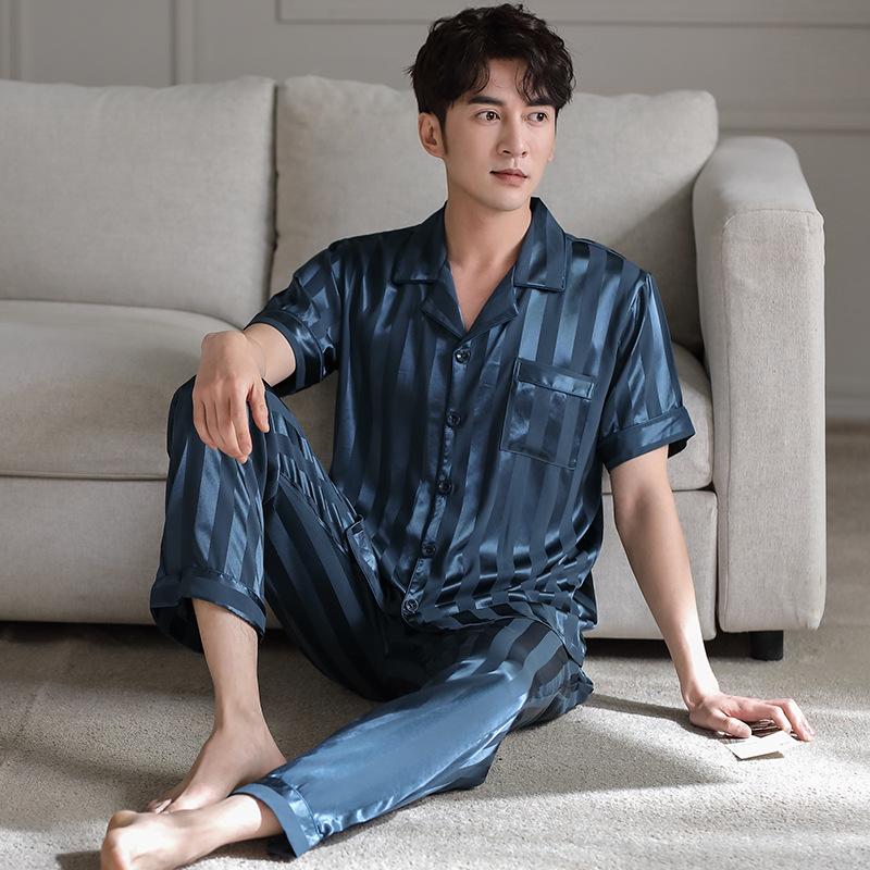 Men's pajamas, ice silk summer thin short-sleeved trousers set, young men's summer large-size loose loungewear set