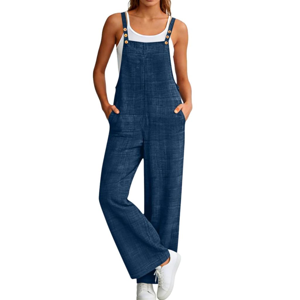 Women's Fashionable Suspender Wide Leg Loose Casual Suspender Pants With Pocket Buttons And Jumpsuit