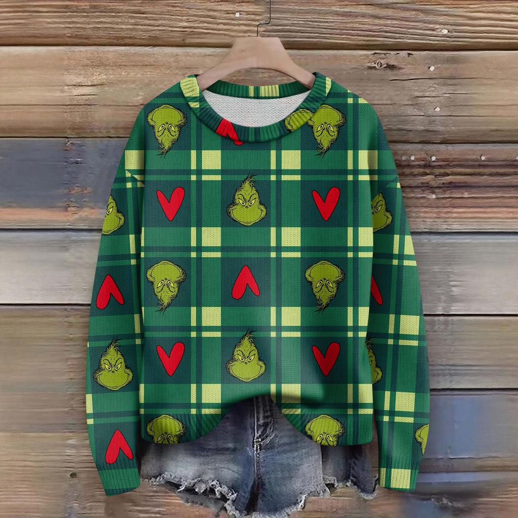 Long Sleeve Pullover Sweaters For Women O Neck Casual Cute Printing Knit Oversized Sweater