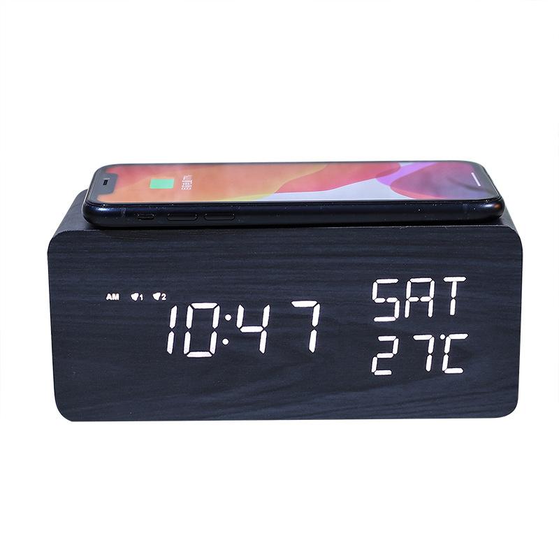 Perpetual Calendar Electronic Clock Wireless Charging Clock Wooden Weekly Snooze Alarm Clock Creative Wireless Charging Digital Clock