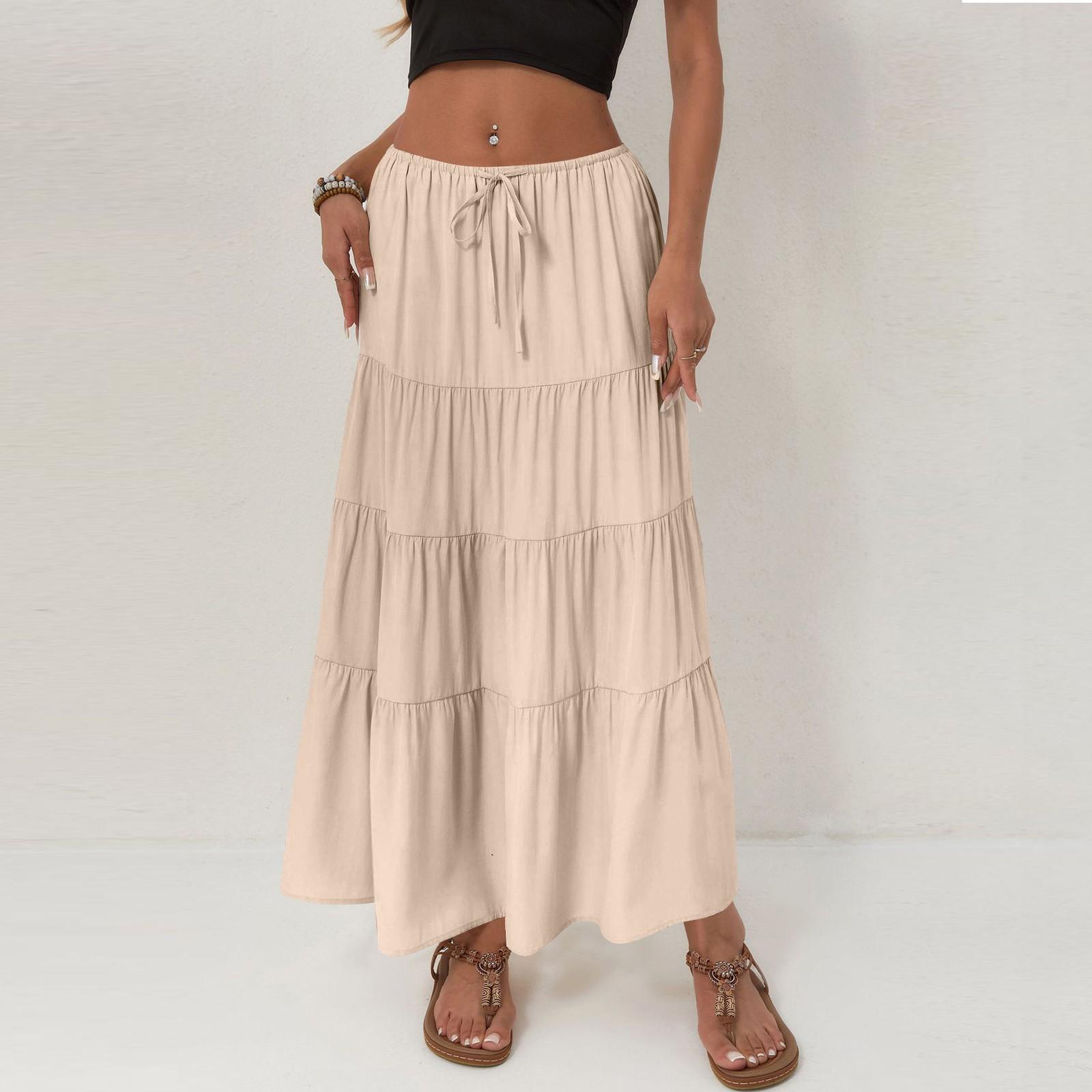 

Женская хлопковая юбка с высокой талией, эластичная завязка, большая юбка-качеля, европейская и американская свободная длинная юбка для женщин L бежевый