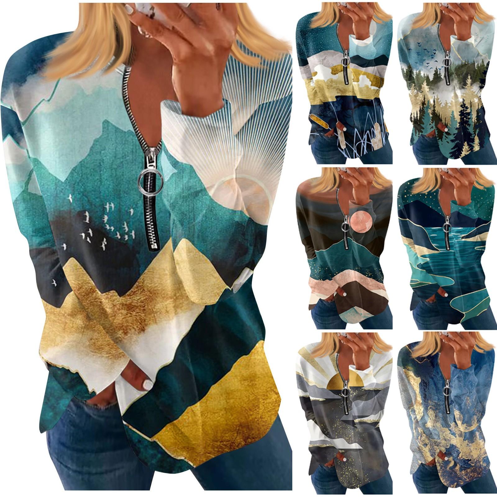

Long Sleeve Zipper Shirts For Women Scenery Print Graphic Tees Blouses Casual Tops Pullover