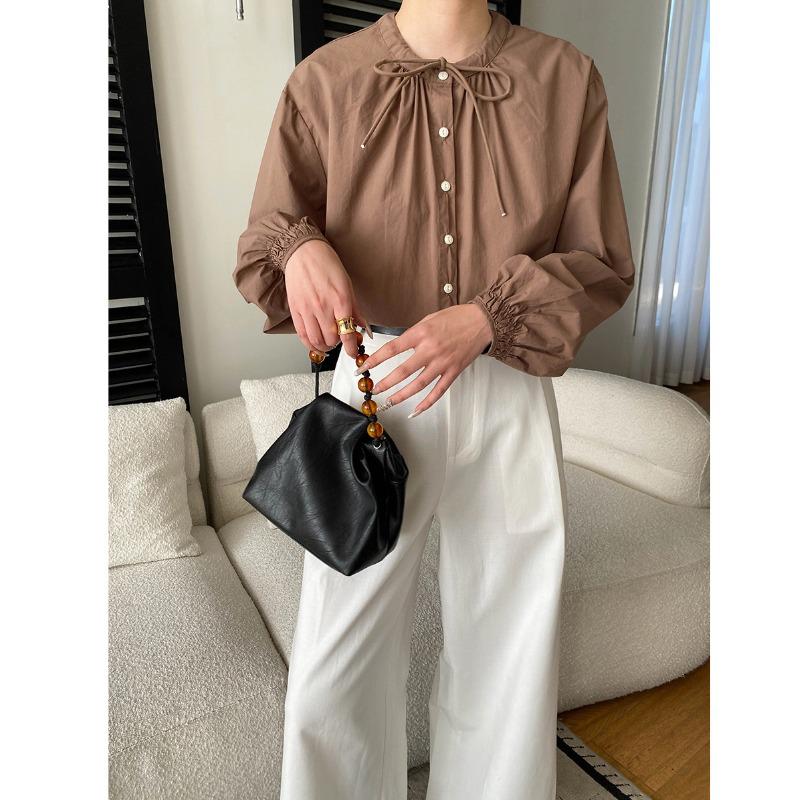 Sinan Spring French High-End Cotton Lace-Up Round Neck Slimming Long Sleeve Shirt SN8657 One Size