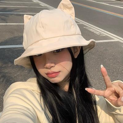 Wide Brim Cat's Ears Bucket Hat Anti-UV Wide Brim Hat Casual Fisherman Hat  Daily Wear
