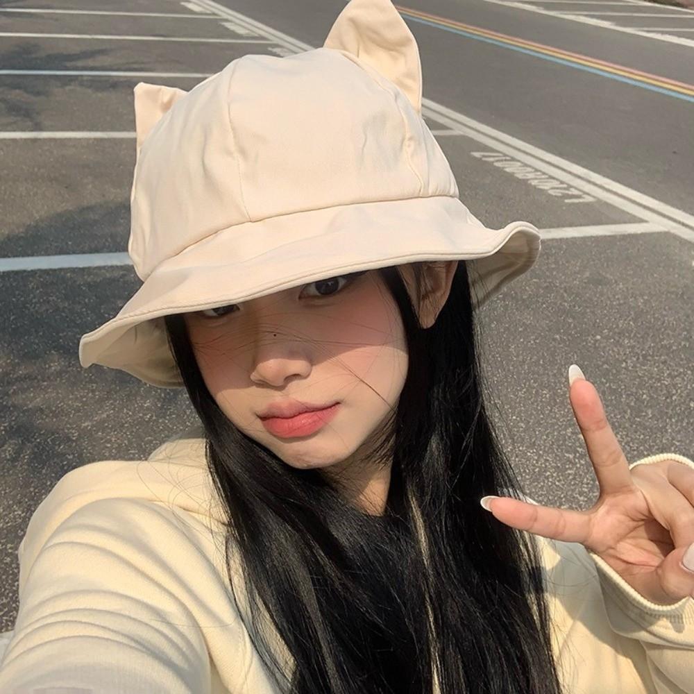 Anti-UV Cat's Ears Bucket Hat Wide Brim Sun Hat Casual Wide Brim Hat  Daily Wear