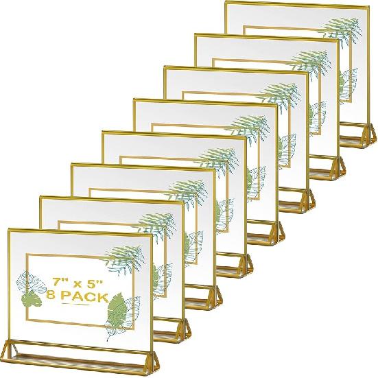 8 Pack Acrylic Sign Holder Gold Borders,4 X 6 Gold Table Number Holders Vertical Stand,Double Sided Clear Picture Frames,Gold Sign Holders Display