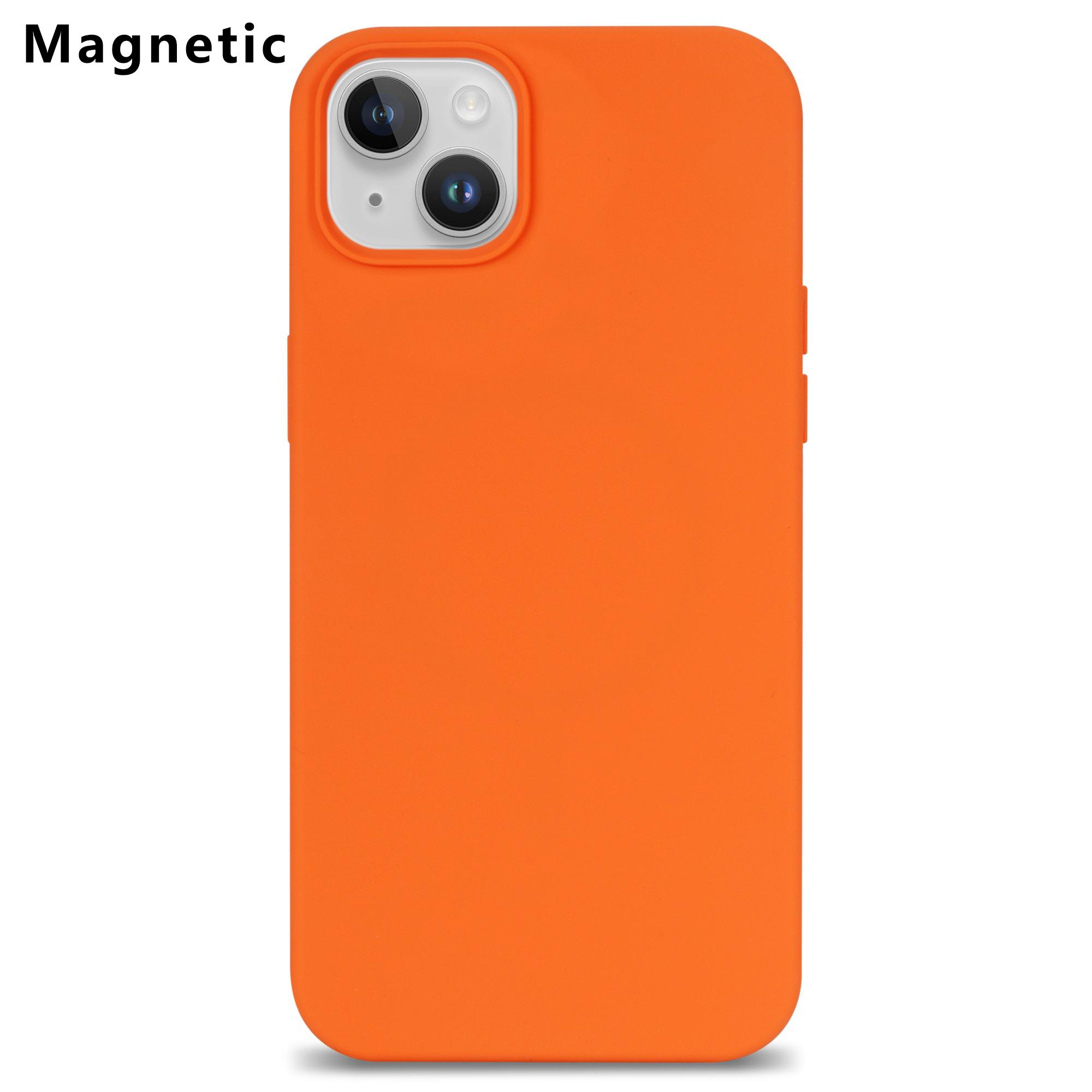 

Оптовая закупка чехла для iPhone 15, совместимого с MagSafe, с подкладкой из микрофибры, силиконовая задняя крышка для телефона Orange