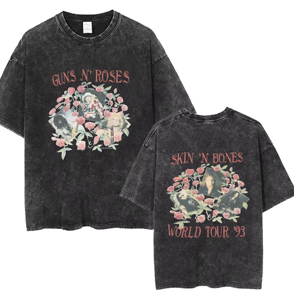 Men Women Guns N Roses Bullet Rose Rock Band Music Washed Vintage Tshirt Male Fashion Oversized Tshirt Men Women Casual Tees