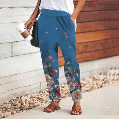 Women 3D Purple Flowers Print Pants Lace Up Elastic Waist Loose Trousers Casual Long Pants Trousers with Pockets